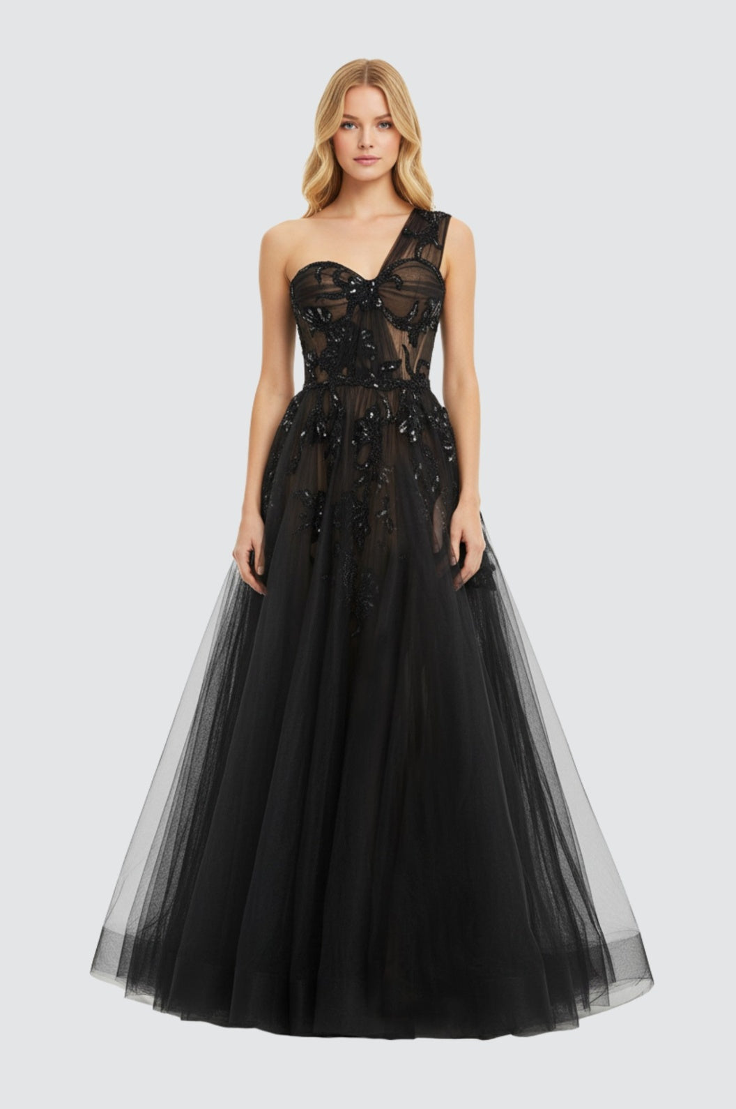 Noir Blossom One-Shoulder Ballgown