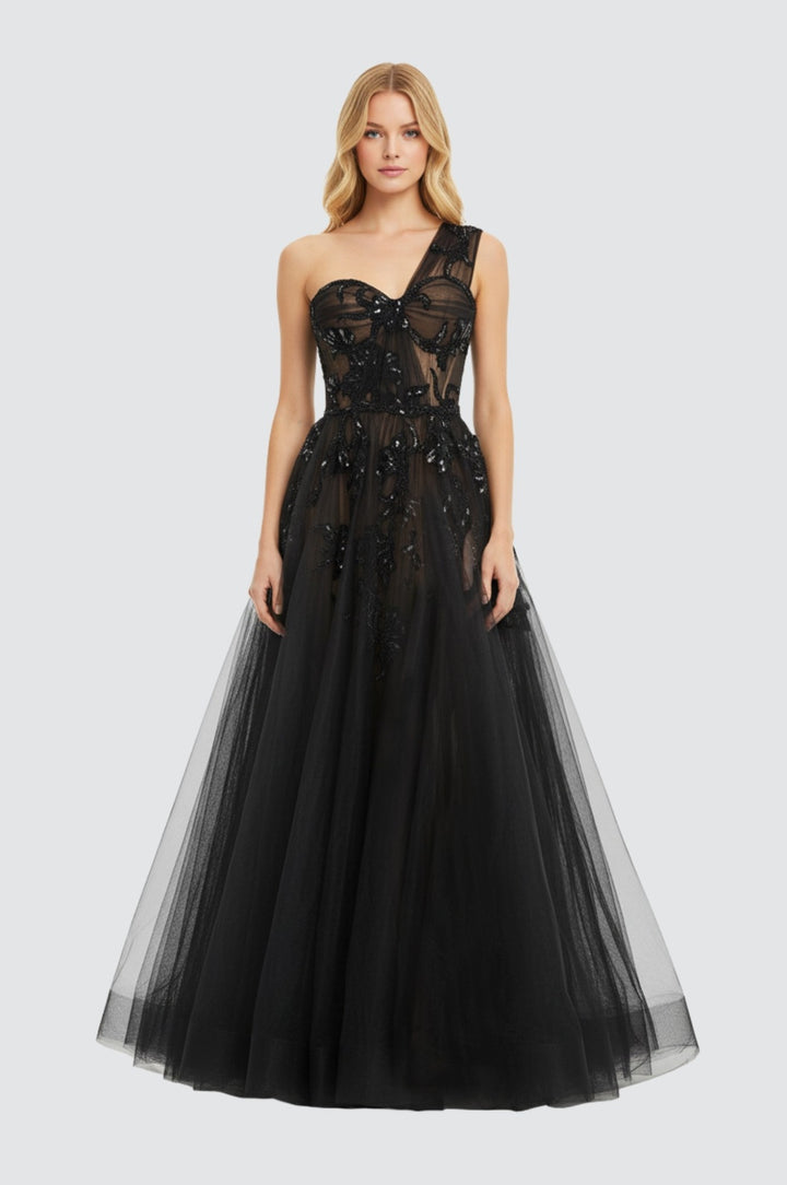 Noir Blossom One-Shoulder Ballgown
