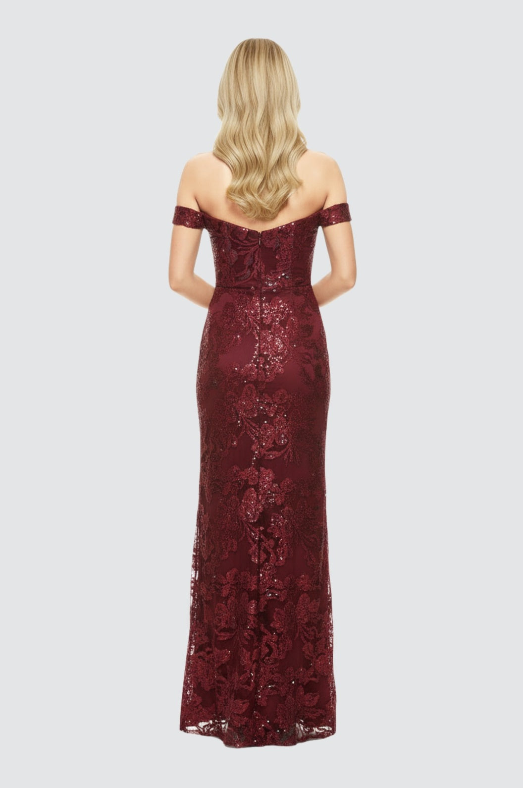 Cherry Sequin Off-Shoulder Gown