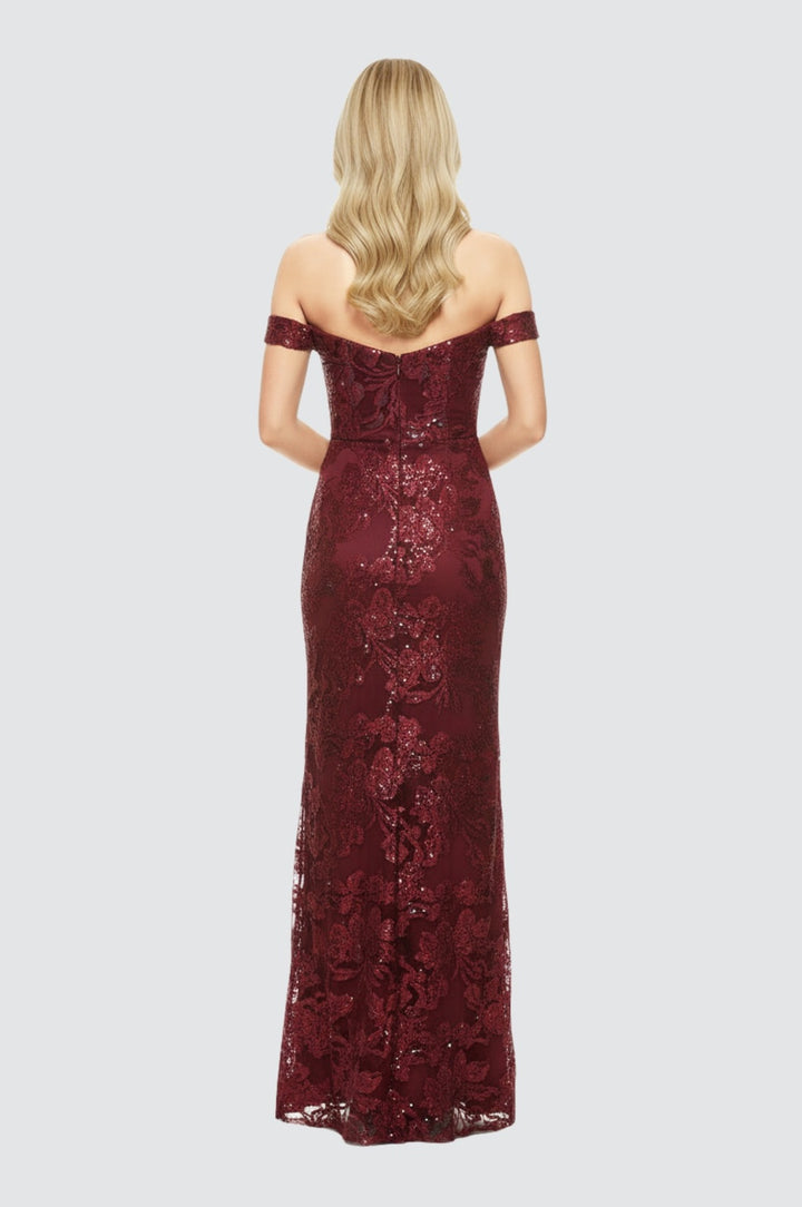 Cherry Sequin Off-Shoulder Gown