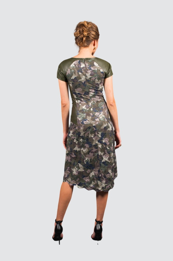 Dark Green Floral Lace & Leather Dress