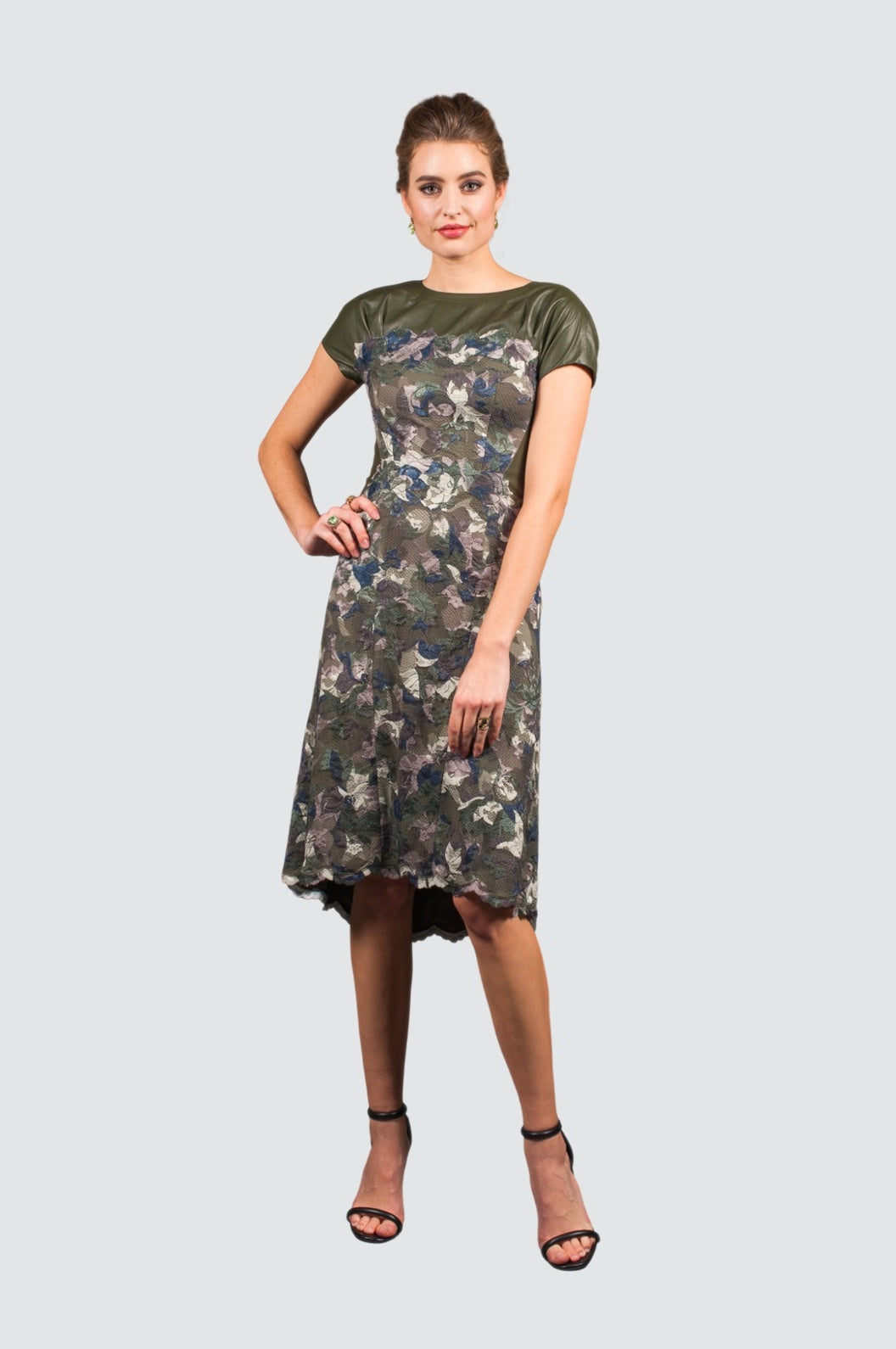 Dark Green Floral Lace & Leather Dress