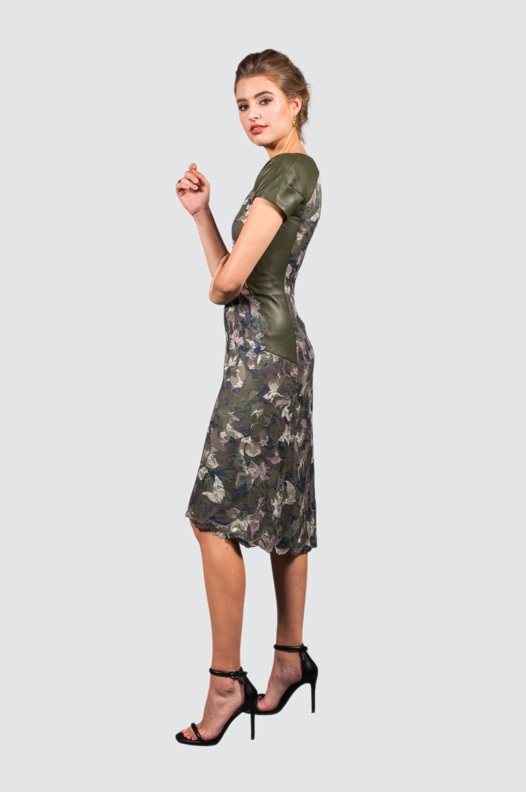 Dark Green Floral Lace & Leather Dress