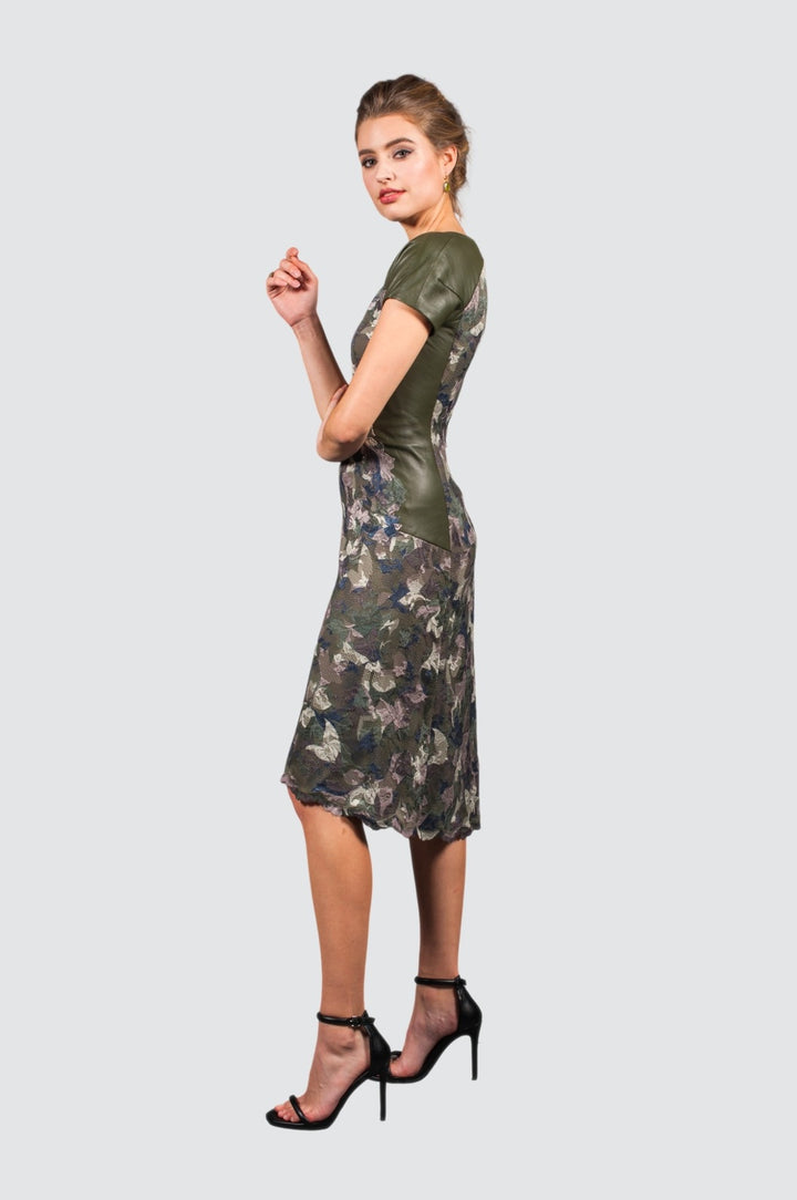 Dark Green Floral Lace & Leather Dress