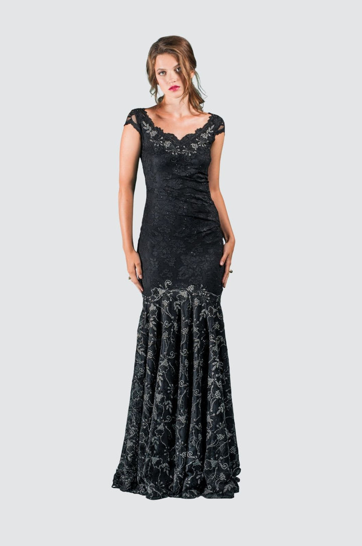 Embroidered Lace Cap Sleeve Gown