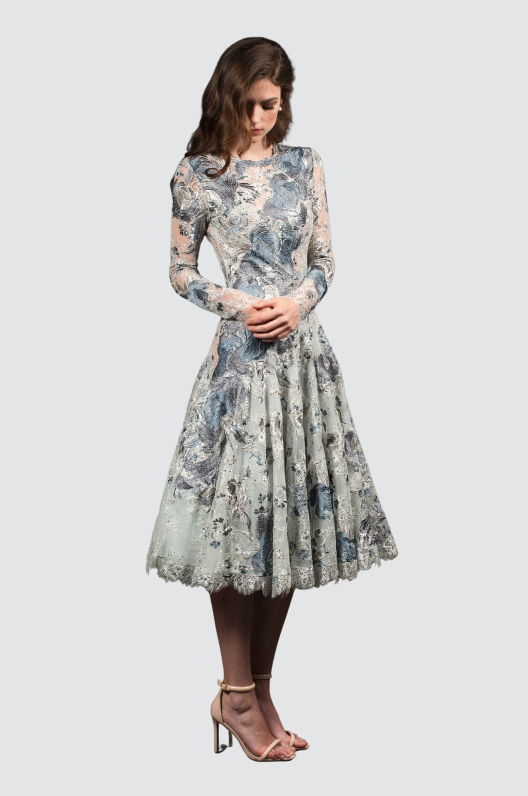 silver lace midi dress Long Sleeve Lace Silver Tea Length Mother of the Bride Dress US2 / Silver