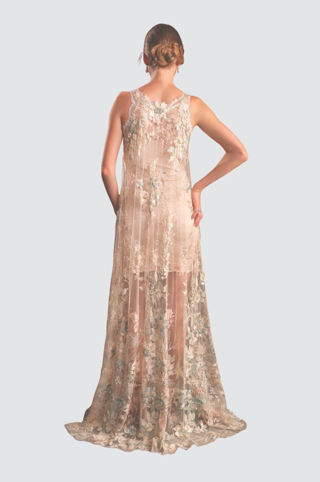 Sheer Embroidered Sleeveless Gown with Floral Overlay – Olvi's Lace Sheer Embroidered Sleeveless Gown with Floral Overlay – Olvi's Lace