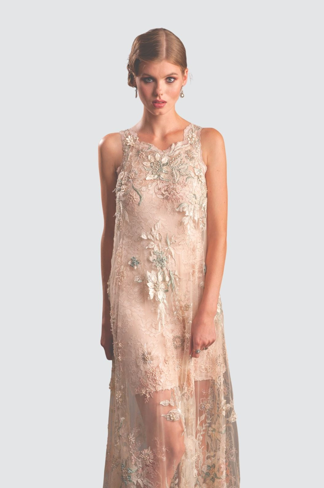 Sheer Embroidered Sleeveless Gown with Floral Overlay – Olvi's Lace Sheer Embroidered Sleeveless Gown with Floral Overlay – Olvi's Lace