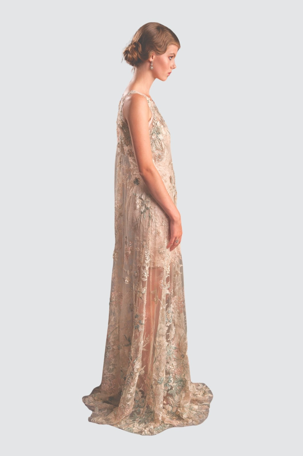 Sheer Embroidered Sleeveless Gown with Floral Overlay Olvi's Lace Sheer Embroidered Sleeveless Gown with Floral Overlay Olvi's Lace