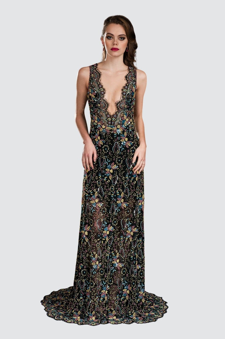 Kleid mit tiefem Ausschnitt und Netzverzierung