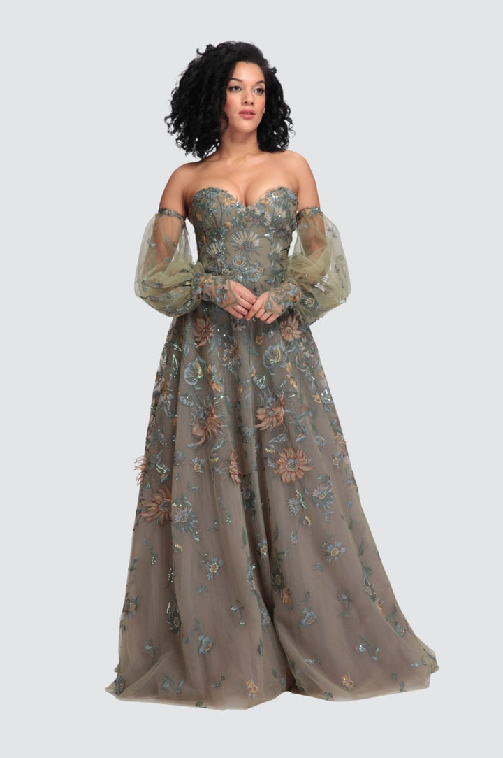 Off-Shoulder Gown with Detachable Puff Sleeves