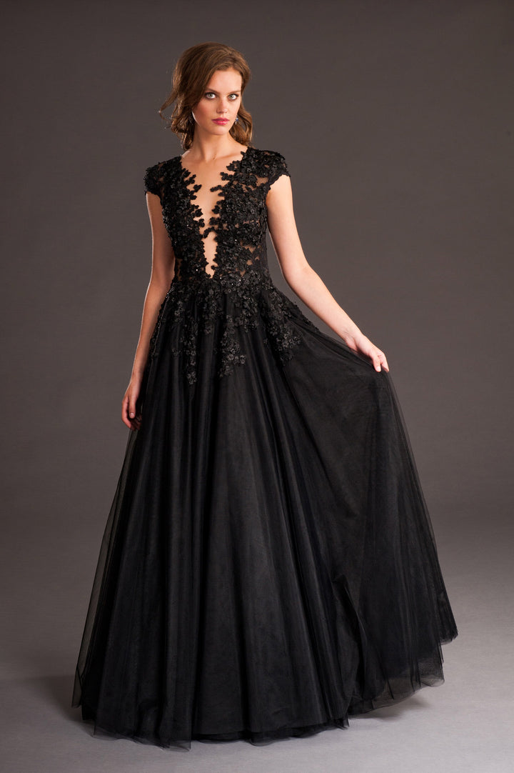 Black embellished floral long gown-0
