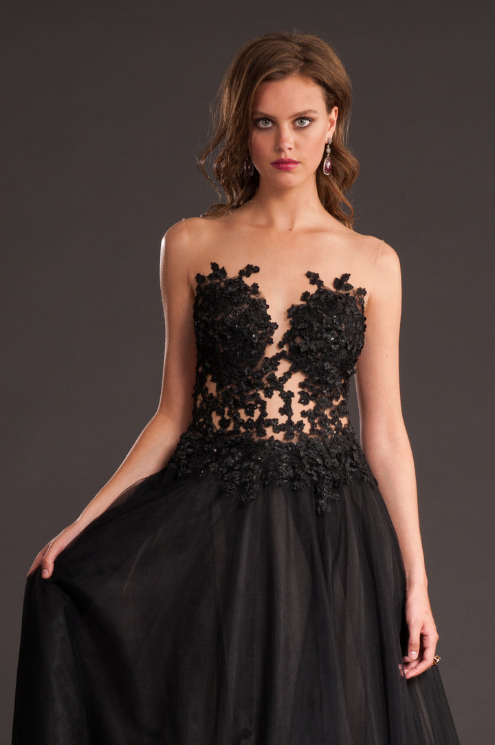 Black floral corset flare gown-2