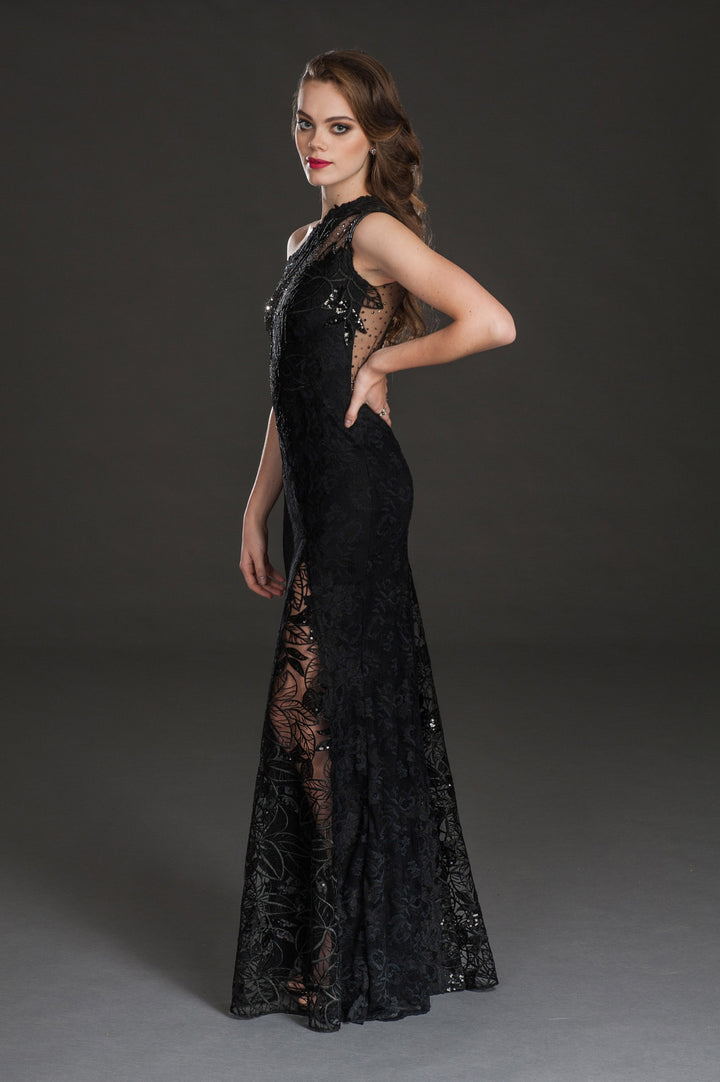 Black embellished one-shoulder slit gown-3