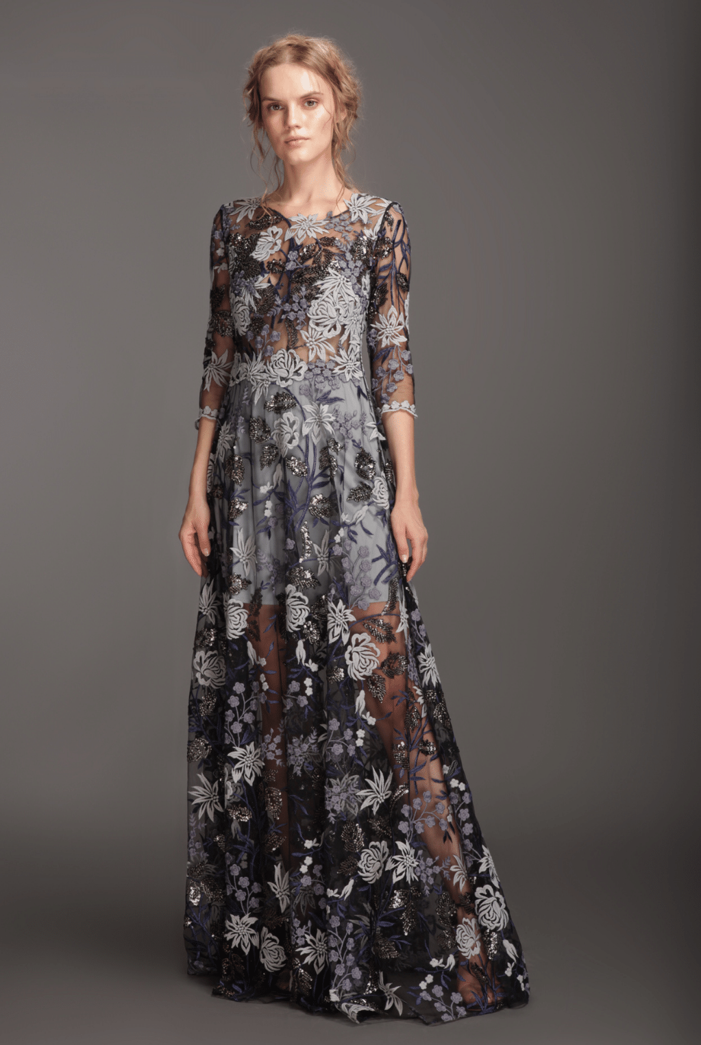 Grey applique mesh long gown-0
