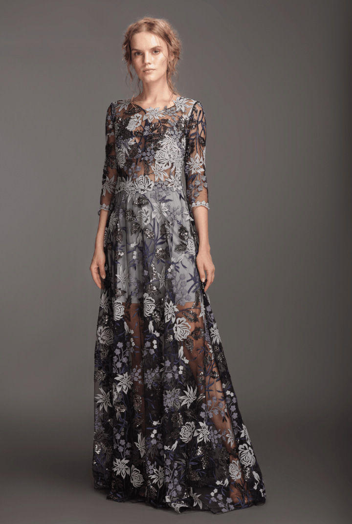 Grey applique mesh long gown-0