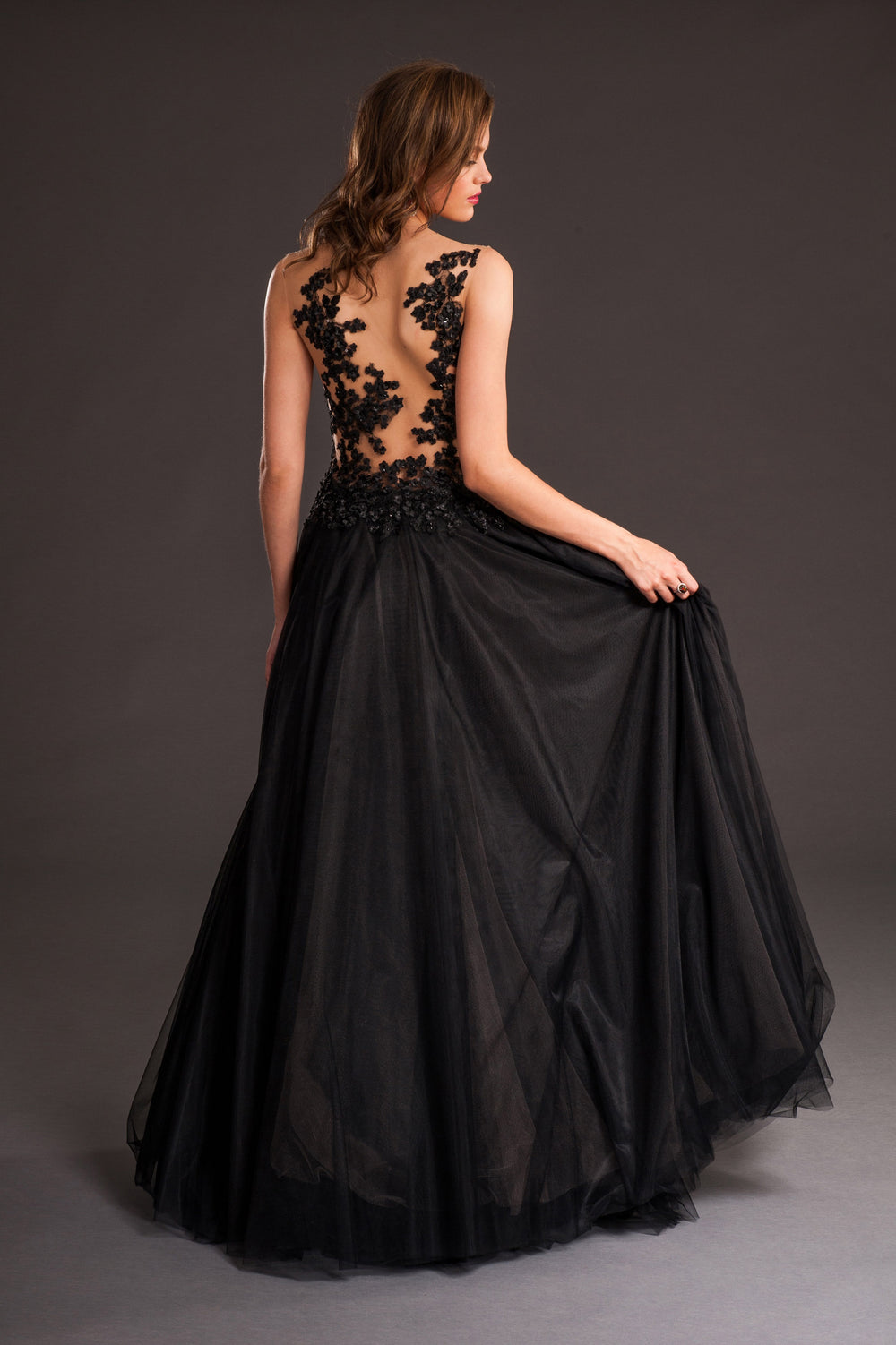 Black floral corset flare gown-1