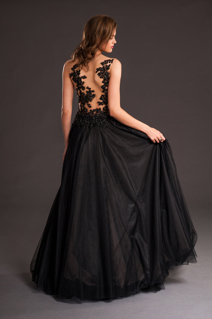 Black floral corset flare gown-1