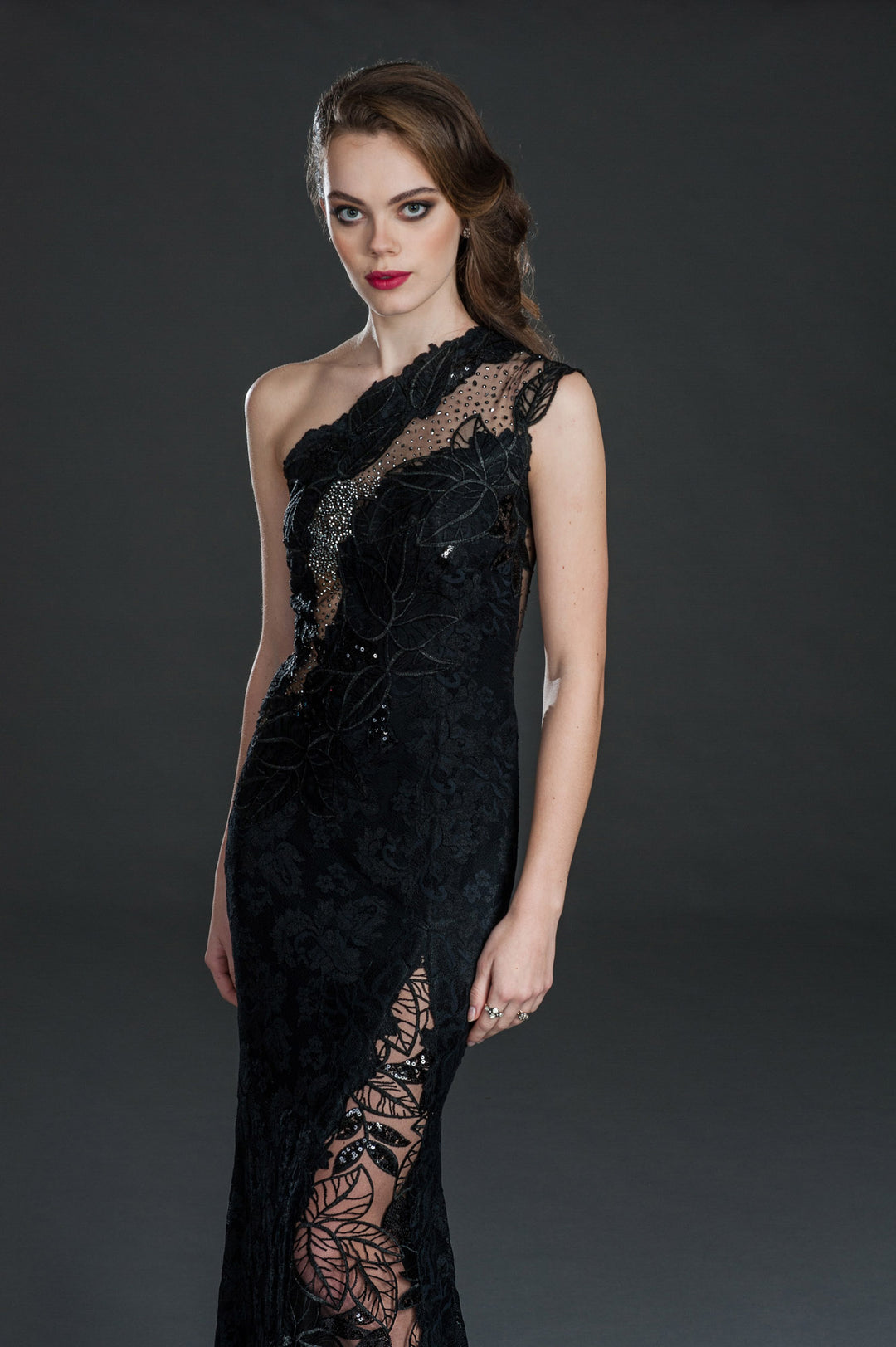 Black embellished one-shoulder slit gown-2
