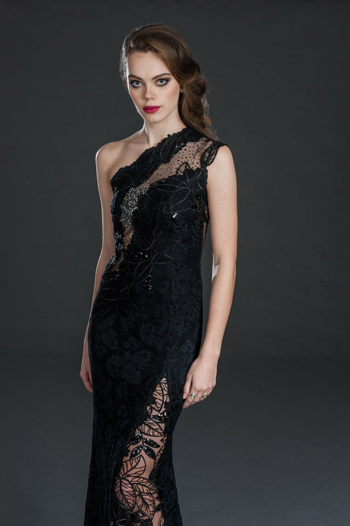 Black embellished one-shoulder slit gown-2