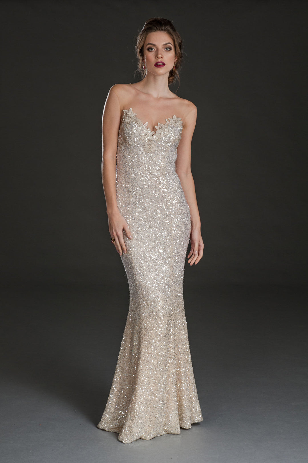 Silver sequin illusion neck mermaid flare gown-0