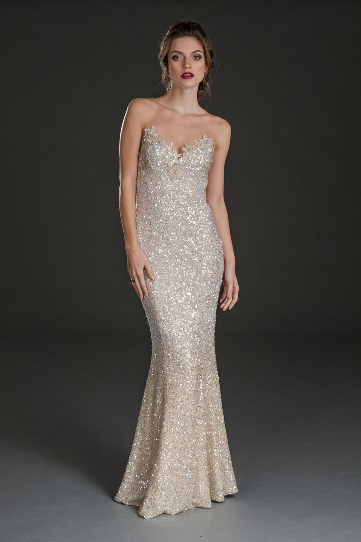 Silver sequin illusion neck mermaid flare gown-0