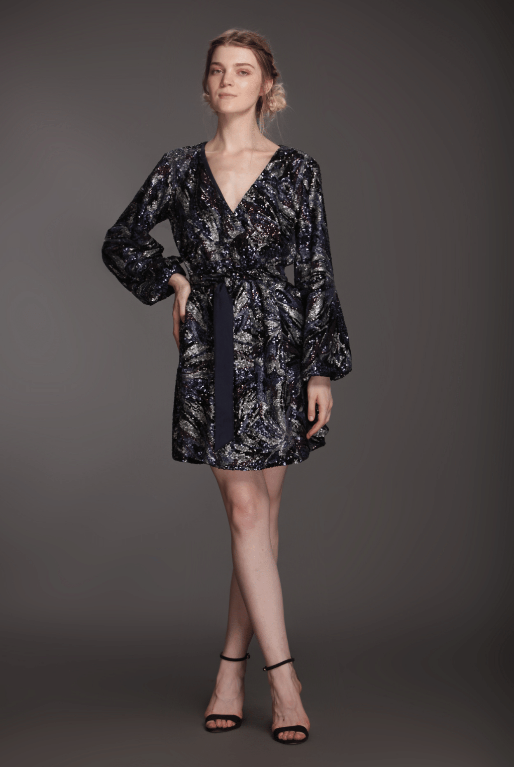 Sequin bell sleeve wrap dress with belt-0