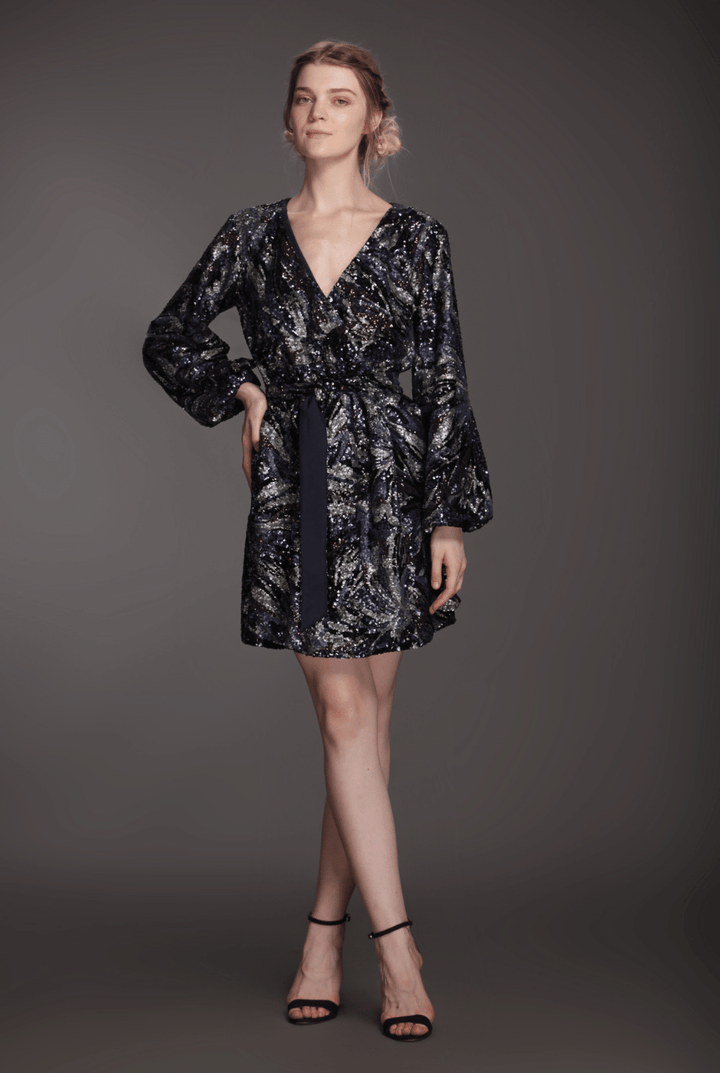Sequin bell sleeve wrap dress with belt-0