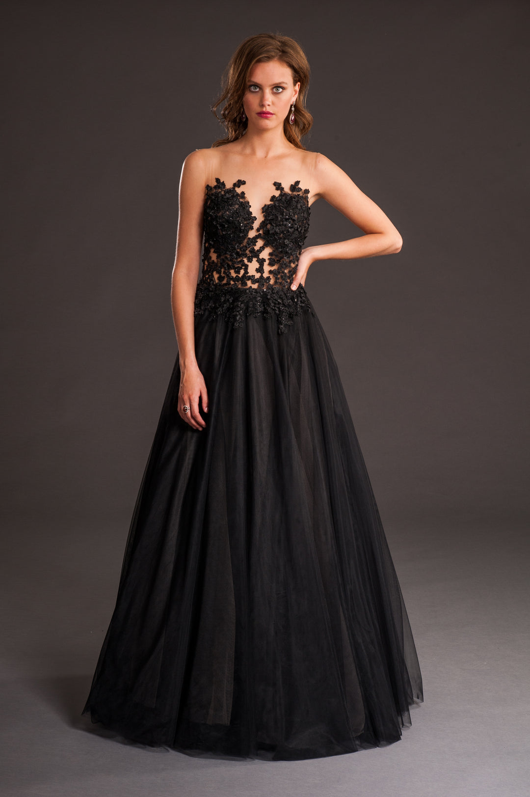 Black floral corset flare gown-0