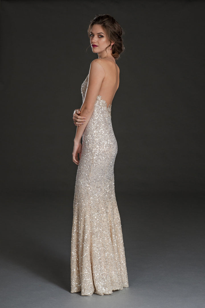 Silver sequin illusion neck mermaid flare gown-3