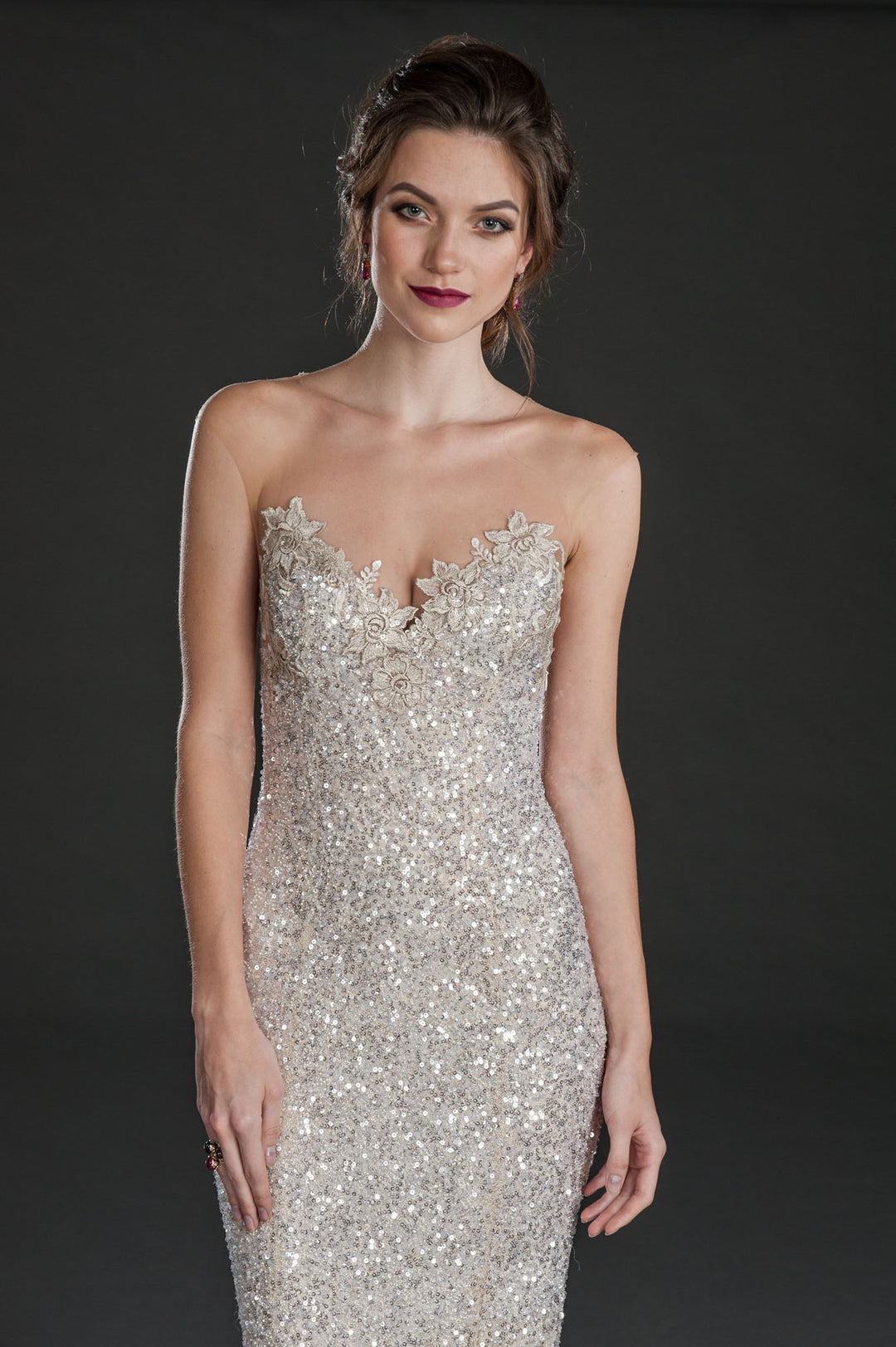 Silver sequin illusion neck mermaid flare gown-2