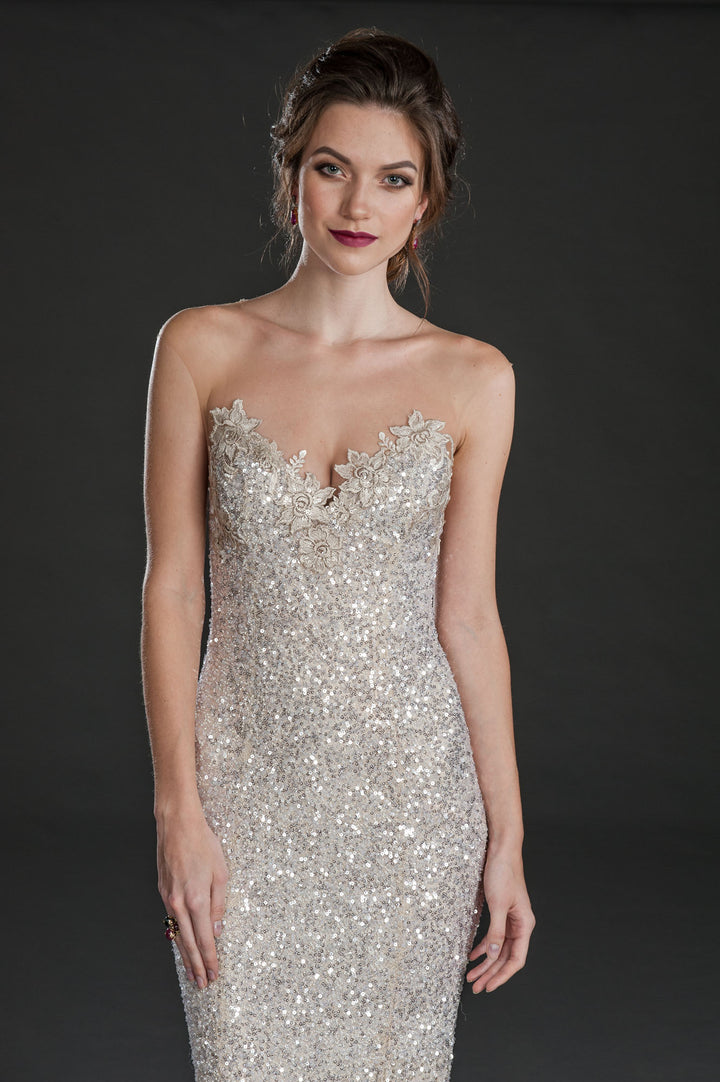 Silver sequin illusion neck mermaid flare gown-2