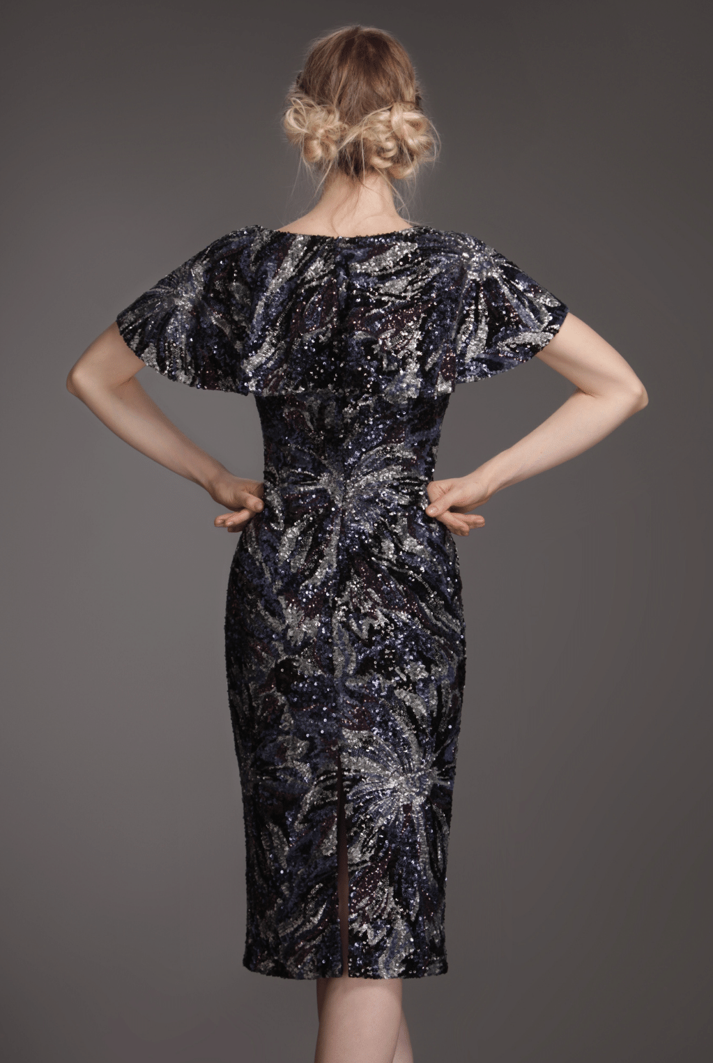 Black sequin cape neckline dress-1