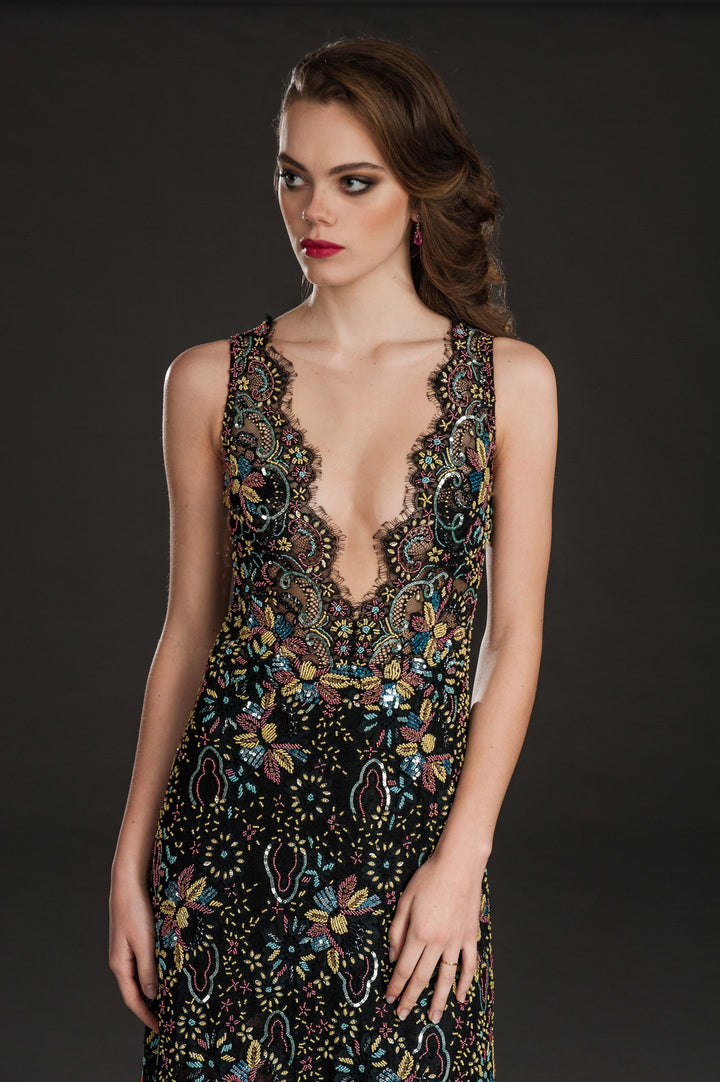 Mesh embellished plunge neck gown-2