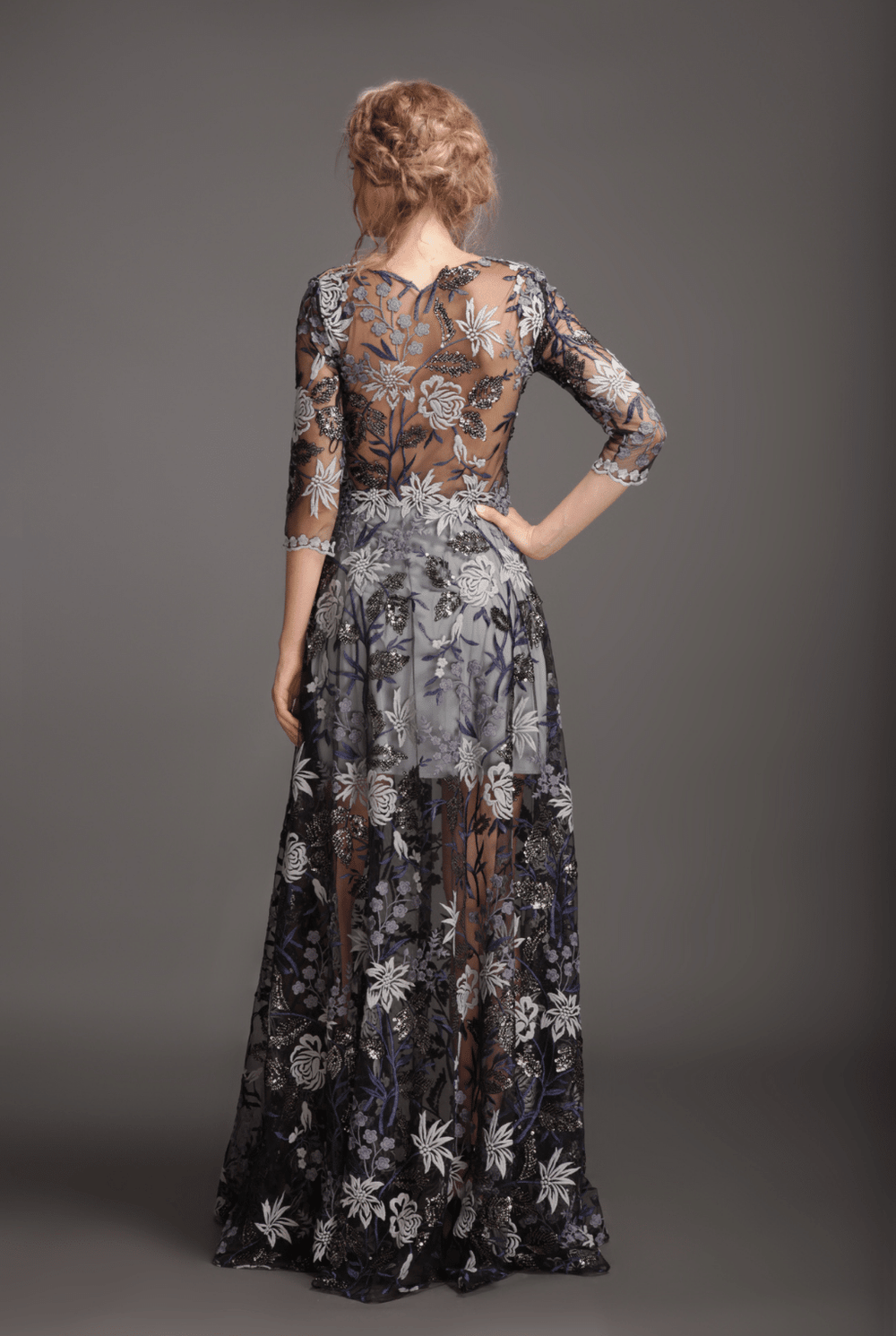 Grey applique mesh long gown-1