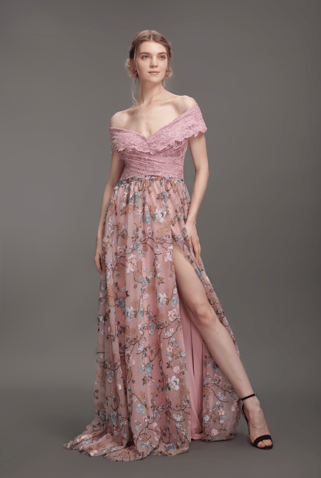 Off shoulder wrapped neckline thigh slit dress-0