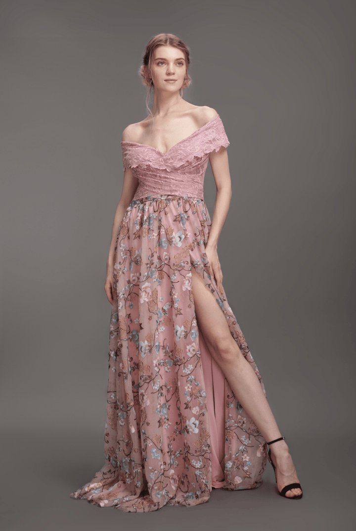 Off shoulder wrapped neckline thigh slit dress-0