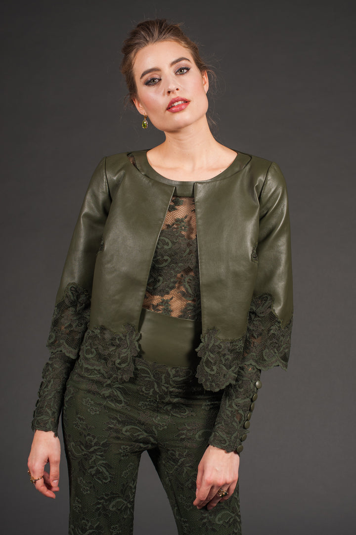 Nude Genuine Leather Bolero jacket with lace sleeves-4