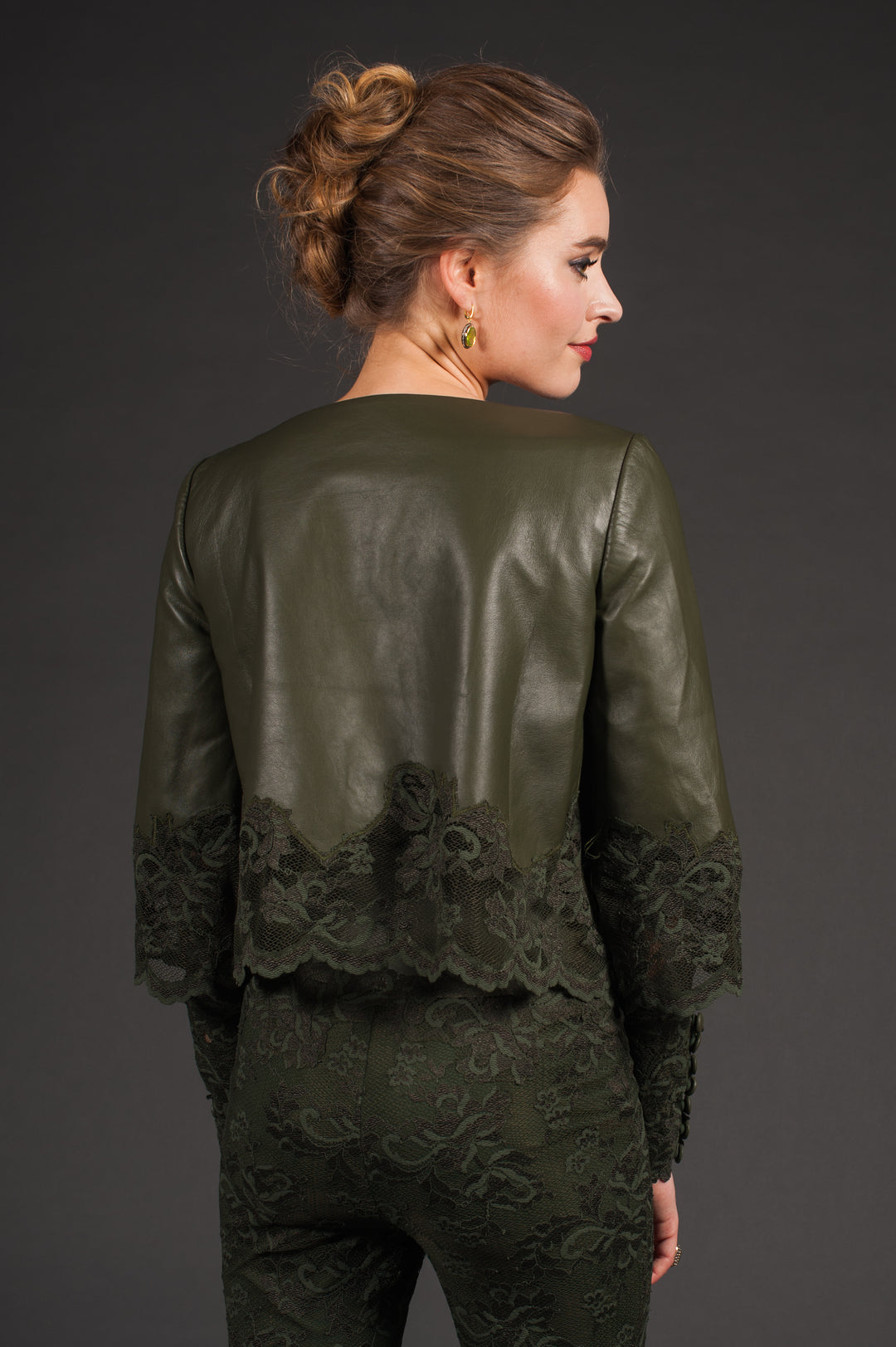 Nude Genuine Leather Bolero jacket with lace sleeves-6