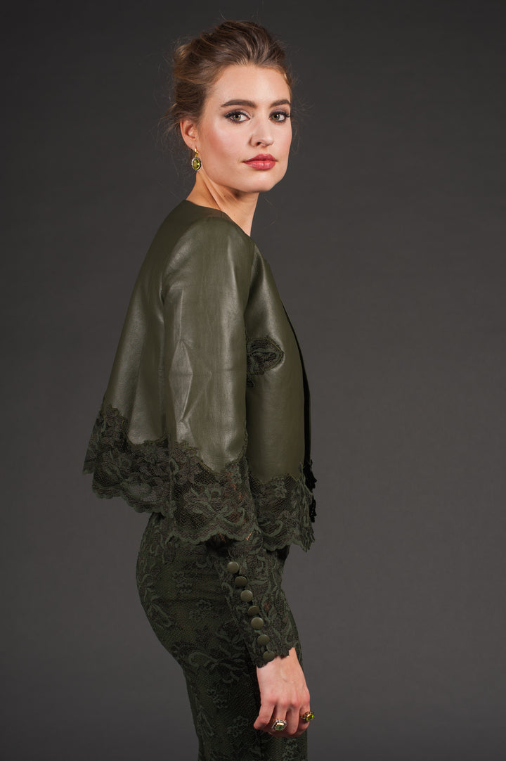 Nude Genuine Leather Bolero jacket with lace sleeves-5