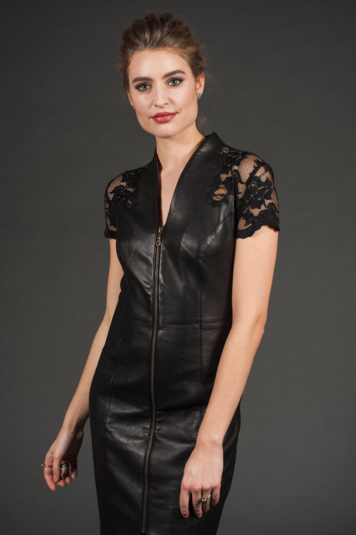 Black Genuine Leather & Lace Cocktail Dress-3