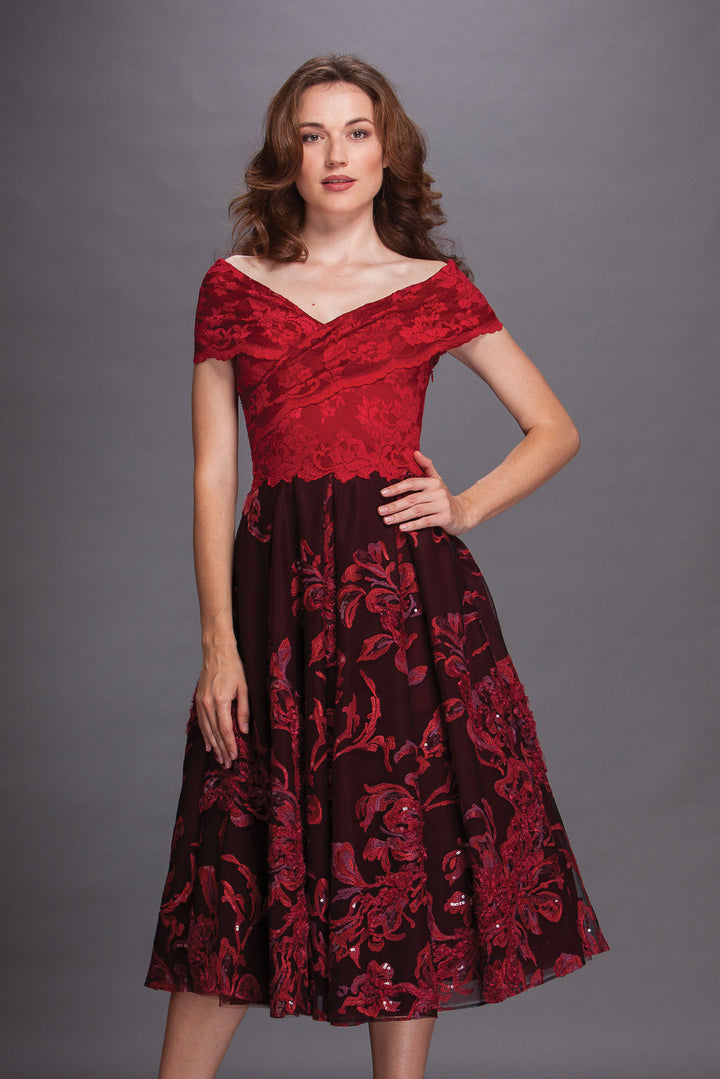 Red off-shoulder lace dress with tutu skirt-0