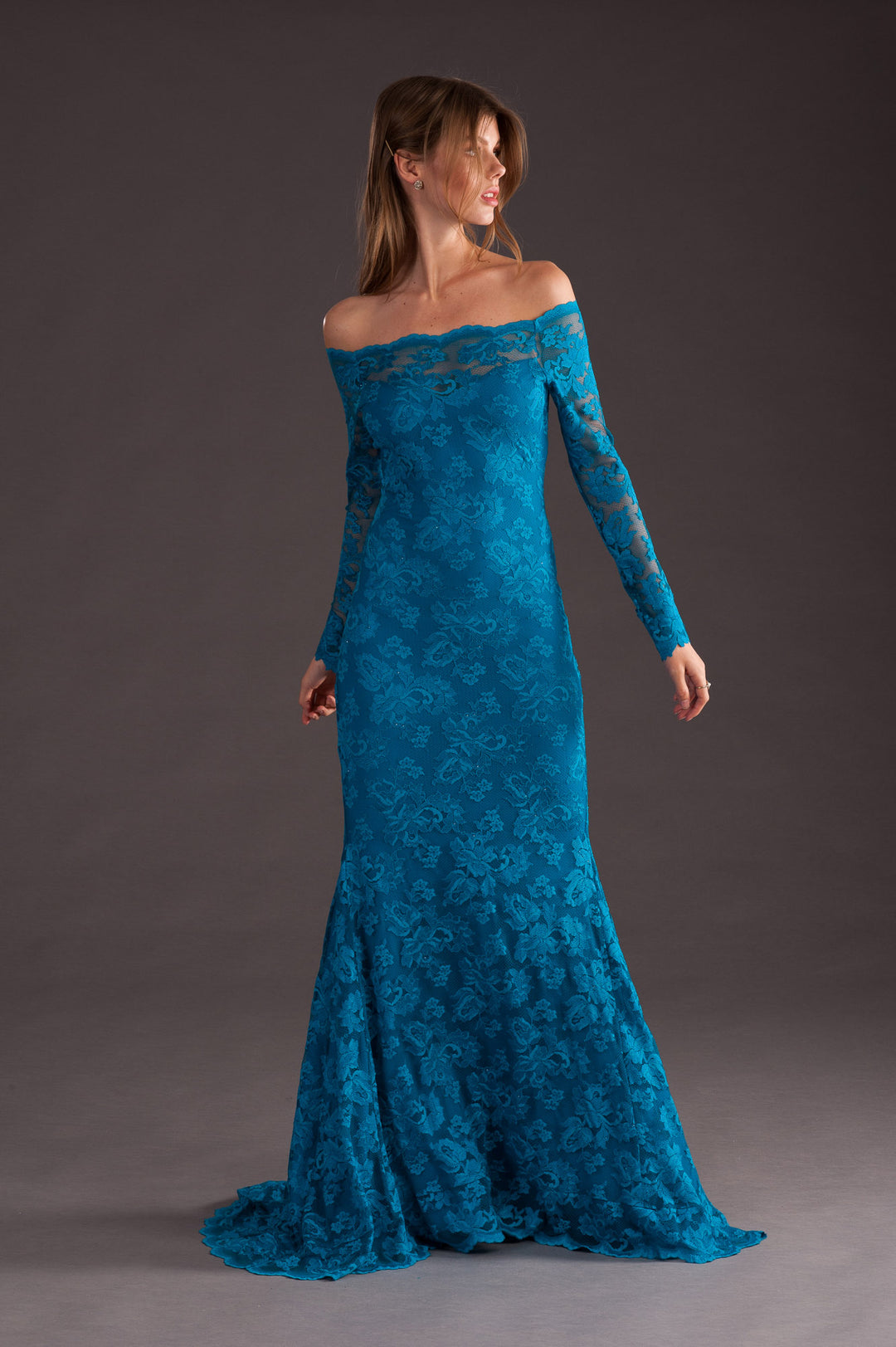 Blue Off-Shoulder Long Gown-3