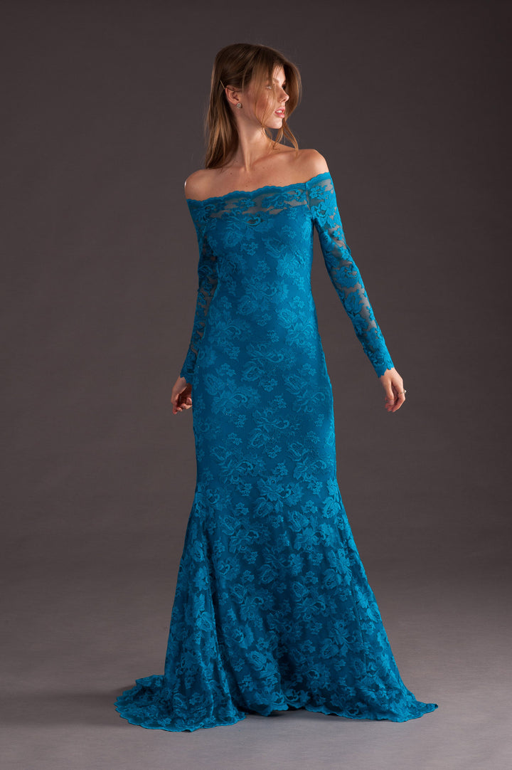 Blue Off-Shoulder Long Gown-3