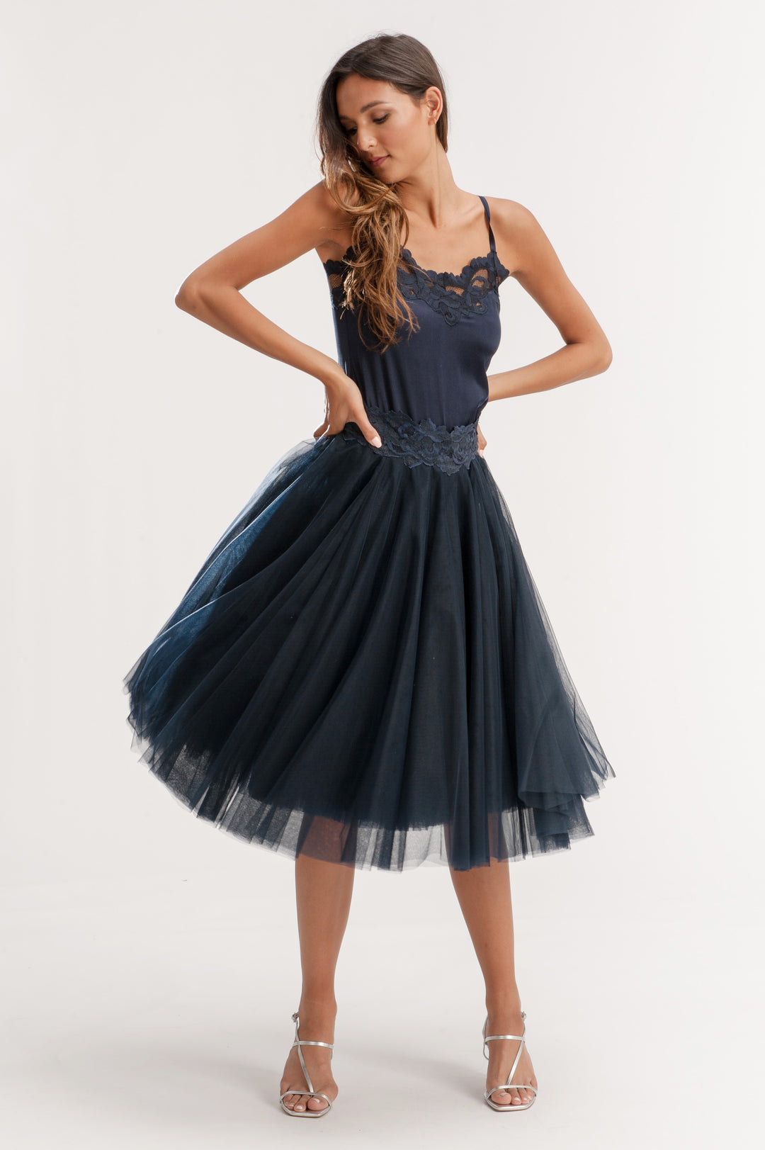Dark Blue Midi Tulle Skirt Olvi's Lace Dark Blue Midi Tulle Skirt Olvi's Lace