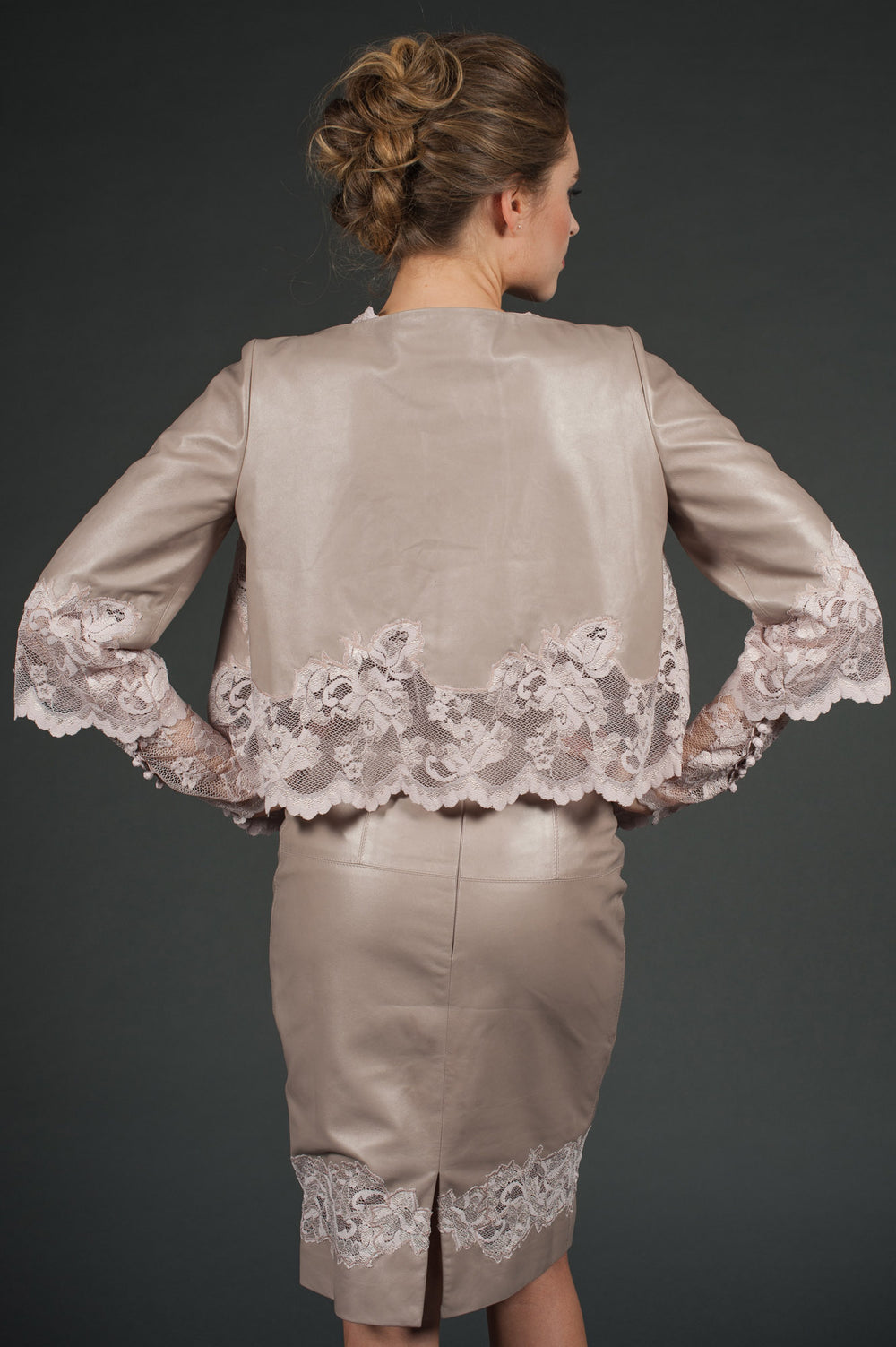 Nude Genuine Leather Bolero jacket with lace sleeves-1