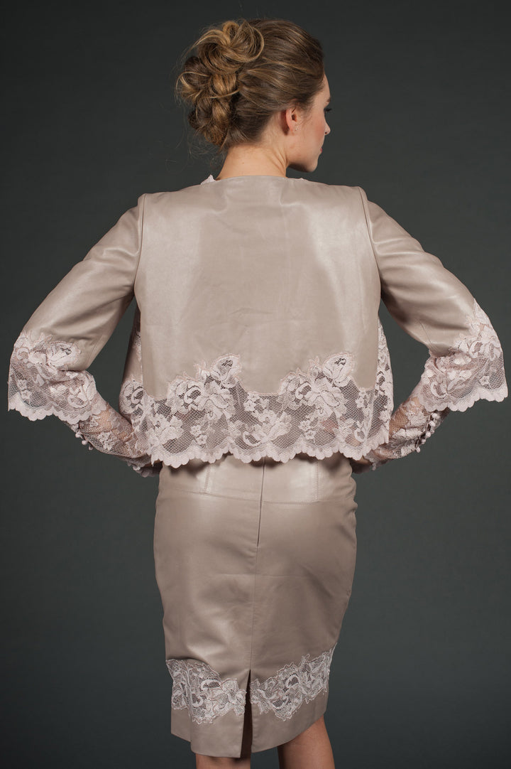 Nude Genuine Leather Bolero jacket with lace sleeves-1
