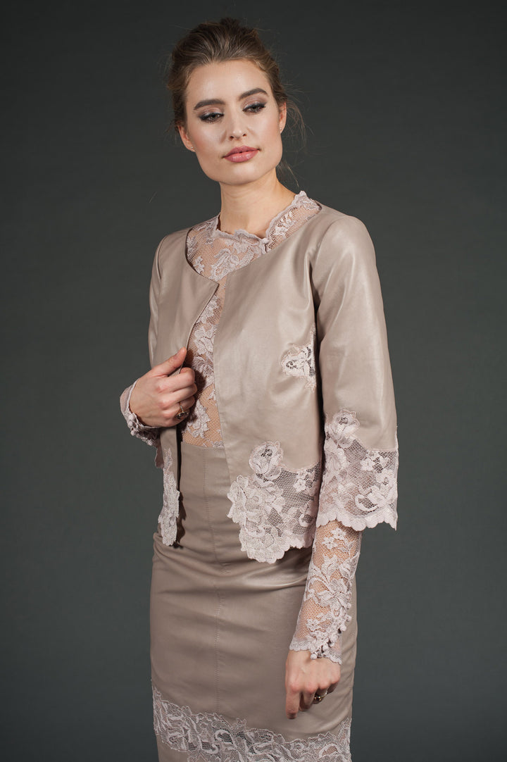 Nude Genuine Leather Bolero jacket with lace sleeves-3