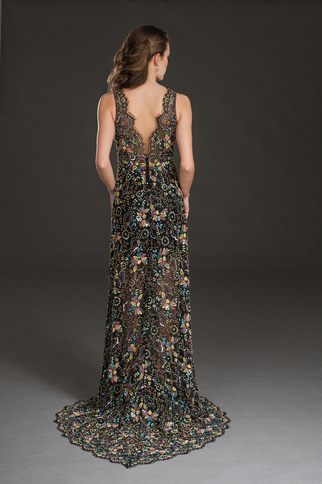 Mesh embellished plunge neck gown-1