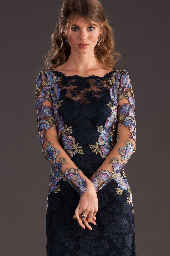 Long Lace Gown with Floral Applications-2